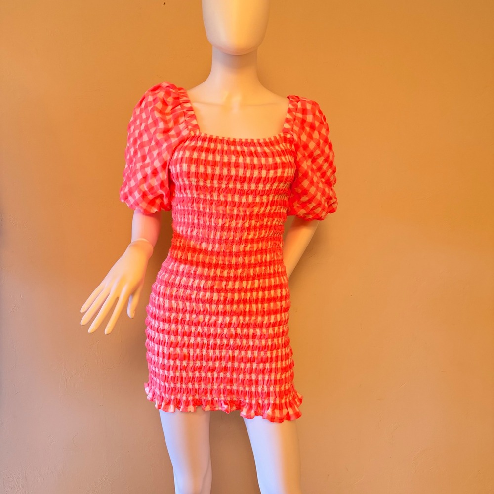 Free‎ The Roses Women's Neon Pink Gingham Smocked Puff Sleeve Mini Dress Size S